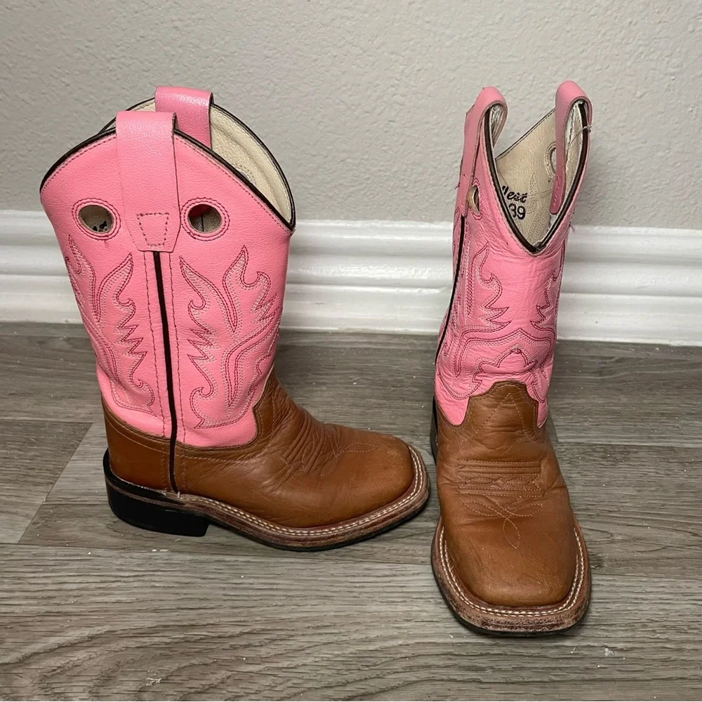 Old West Pink & Brown Leather Upper Girl’s Sz 10‎ Cowbow Boots BSC1839